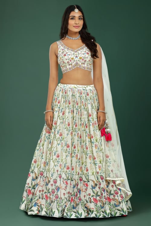 Off White Georgette Floral Printed Pleated Lehenga with Sequin