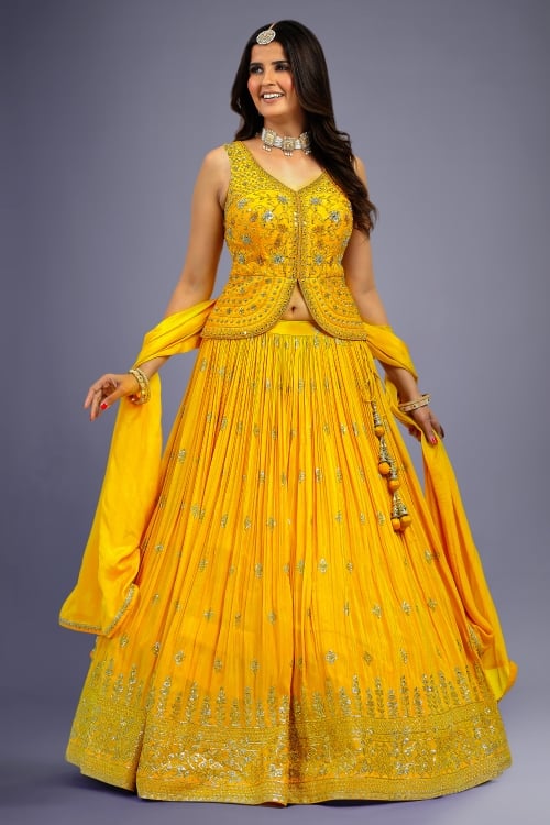 Yellow Chinon Georgette Pleated Lehenga with Handworked Long Blouse