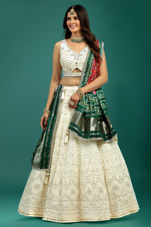 Pearl White Georgette Lucknowi Worked Lehenga with Sequin and Applique Work