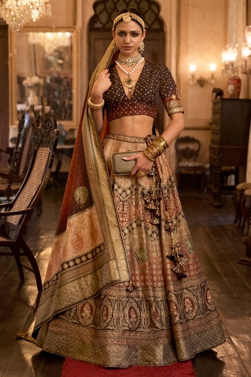 Stone and Applique Work Traditional Lehenga in Art Silk with Floral and Peacock Motifs