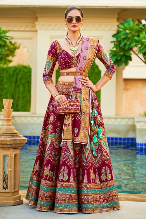Foil Printed Traditional Lehenga in Art Silk with Peacock and Human Inspired Motifs