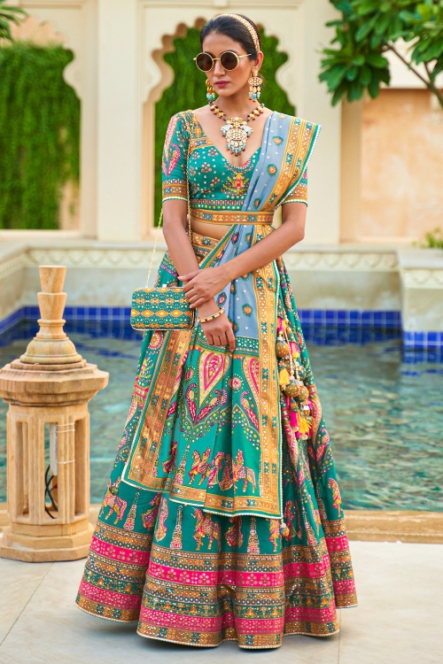 Foil Printed Traditional Lehenga in Art Silk with Peacock and Human Inspired Motifs