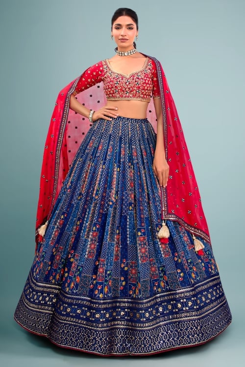 Blue Printed Organza Lehenga with Sequin Embroidery