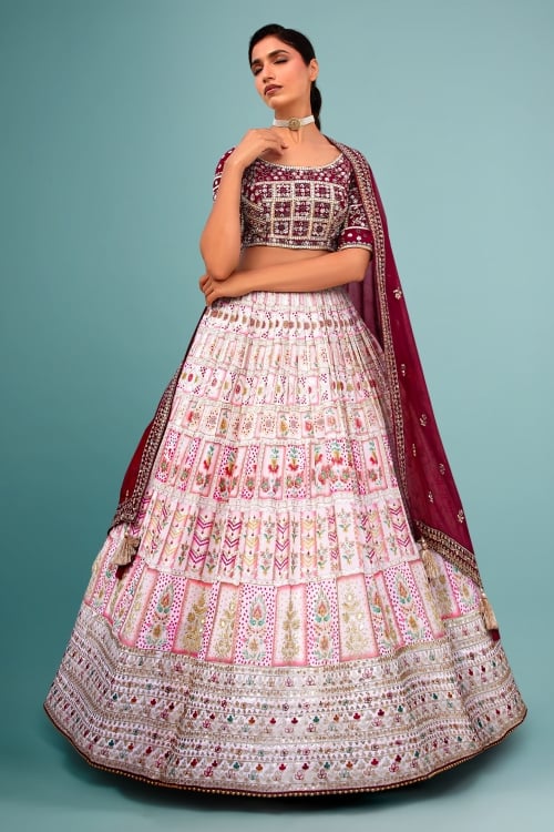 Georgette Pearl White Lehenga with Floral Motifs and Sequin Work