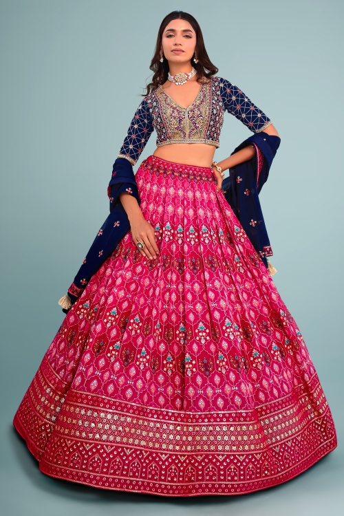 Pink Organza Printed Pleated Lehenga with Sequin Work and Floral Motifs