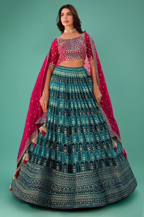 Teal Green Organza Printed Lehenga with Sequin Embroidery
