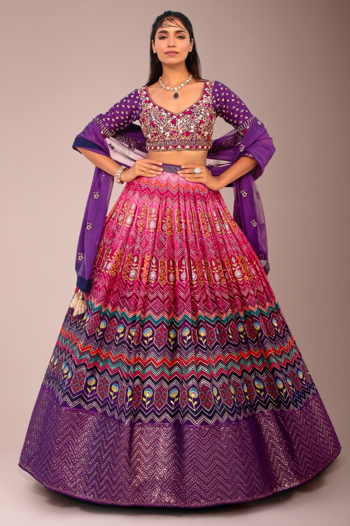 Pink Ombre Chevron Printed Pleated Lehenga in Organza with Floral Motifs and Sequin Work