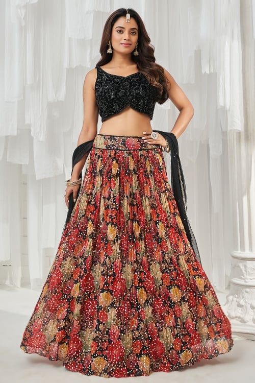 Black Lehenga in Chinon with Multi Colored Floral Motifs