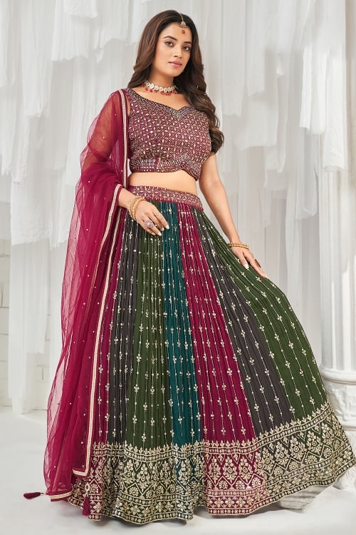 Multi Colored Embroidered Lehenga in Chinon with Mirror Work Blouse
