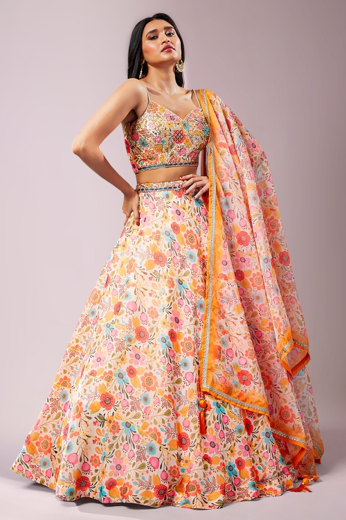 Peach All Over Floral Printed Lehenga in Organza