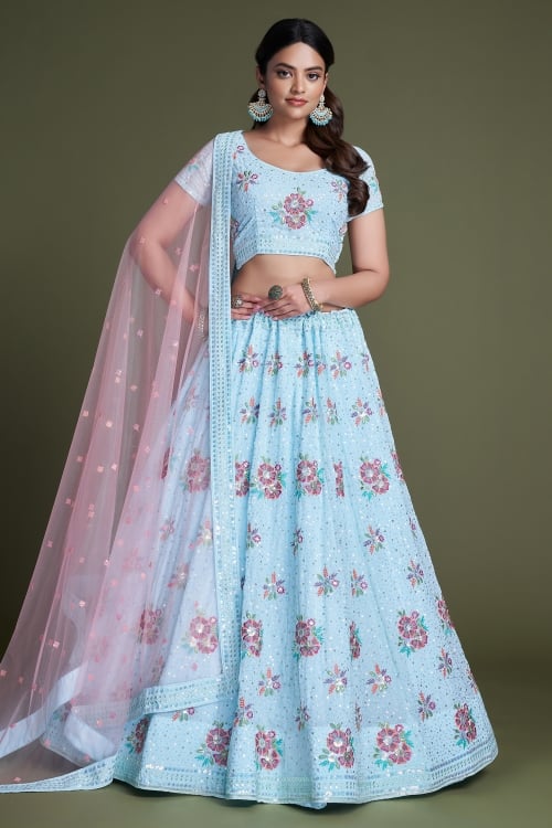 Georgette Flared Lehenga with Floral Embroidered Butta and Sequin Work