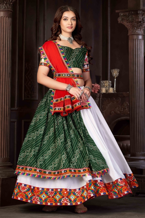 Off White and Green Cotton Silk Chaniya Choli with Thread Embroidery Patch and Border