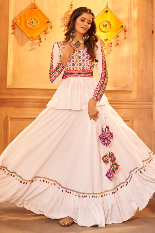 Pearl White Viscose Rayon Flared Chaniya with Thread Embroidered Peplum Choli and Shell Detailing