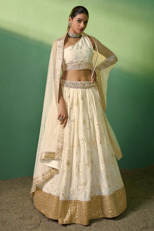 Cream Sequinned Lehenga in Georgette with One Side Off Shoulder Blouse