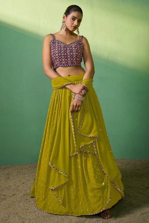 Olive Green Flared Lehenga in Georgette with Sequins