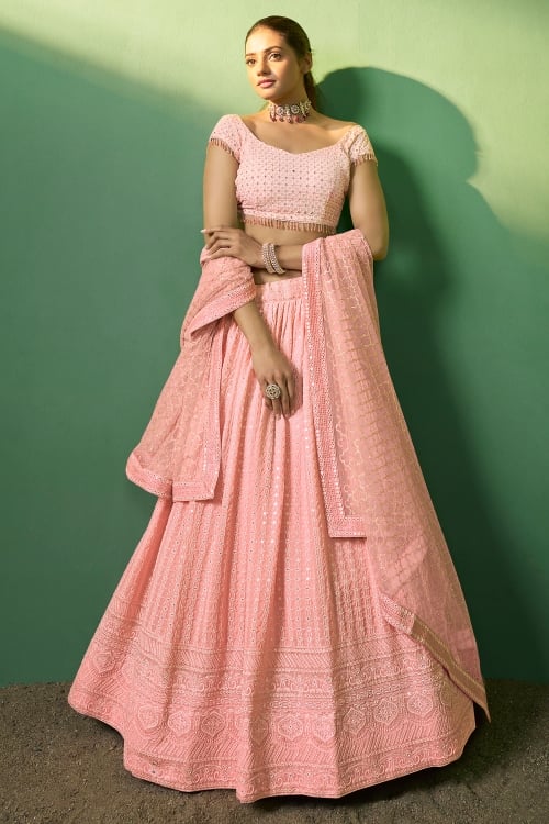 Light Pink All Over Embroidery Sequins Lehenga in Georgette