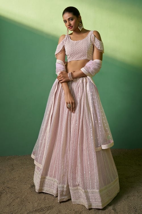 Baby Pink Applique Work Lehenga in Georgette with Cold Shoulder Blouse