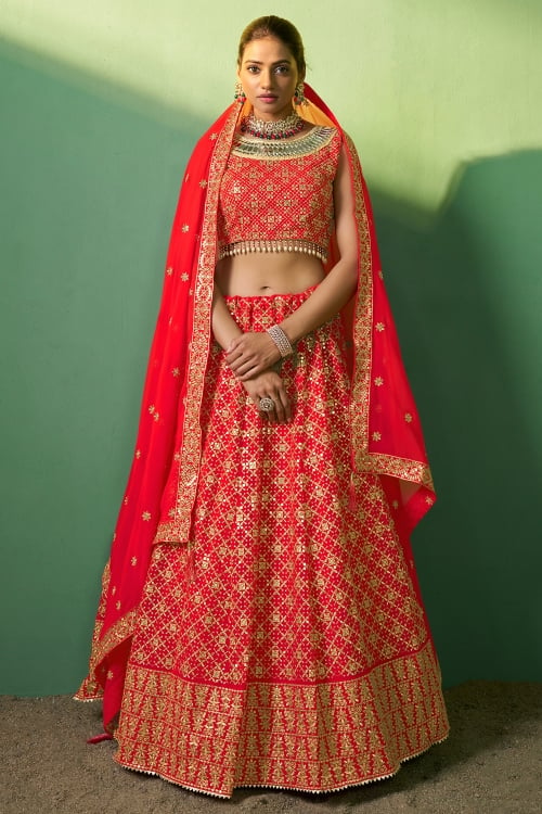 Red All Over Embroidery Sequins Lehenga in Georgette with Mirror Work Neckline Blouse