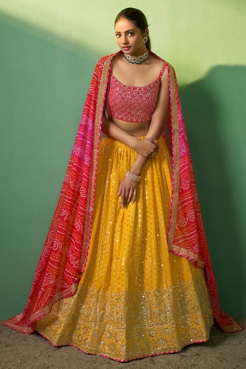 Yellow Sequinned Lehenga in Georgette with Bandhej Blouse