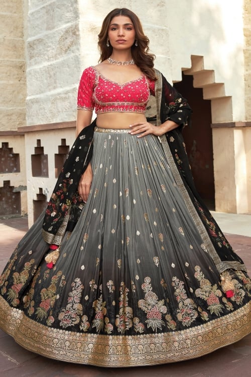 Grey and Black Pleated Lehenga in Crepe with Foil Printed Butta