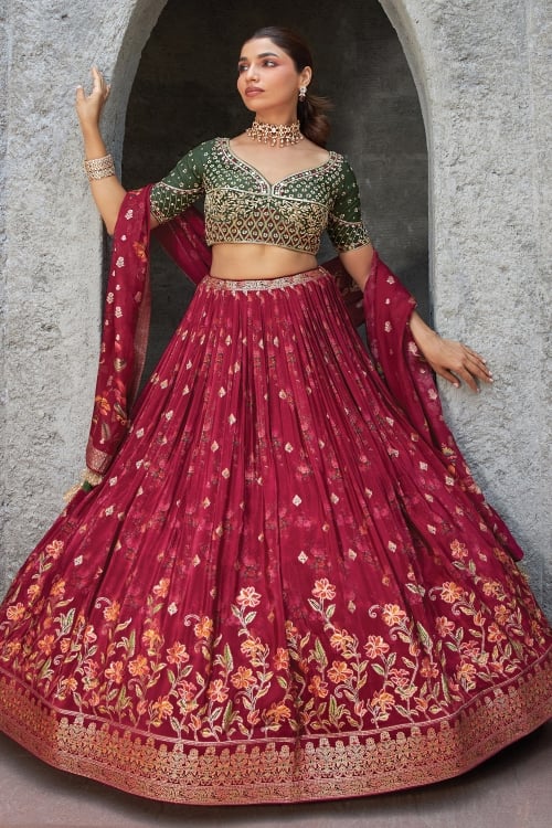 Maroon Foil Printed Pleated Lehenga in Crepe with Sequin and Cutdana Work Blouse