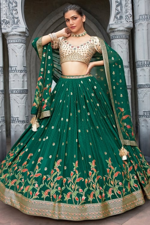 Forest Green Foil Printed Pleated Lehenga in Crepe with Floral Motifs