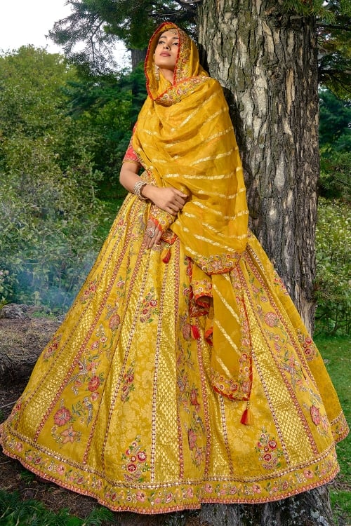 Woven Silk Traditional Floral Embroidered and Peacock Motifs Lehenga
