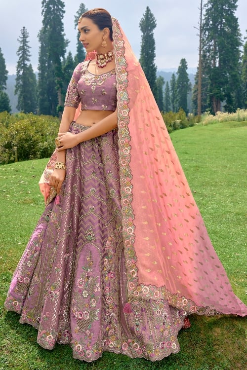 Purple Silk Weave Lehenga with Floral Embroidery and Sequin Work