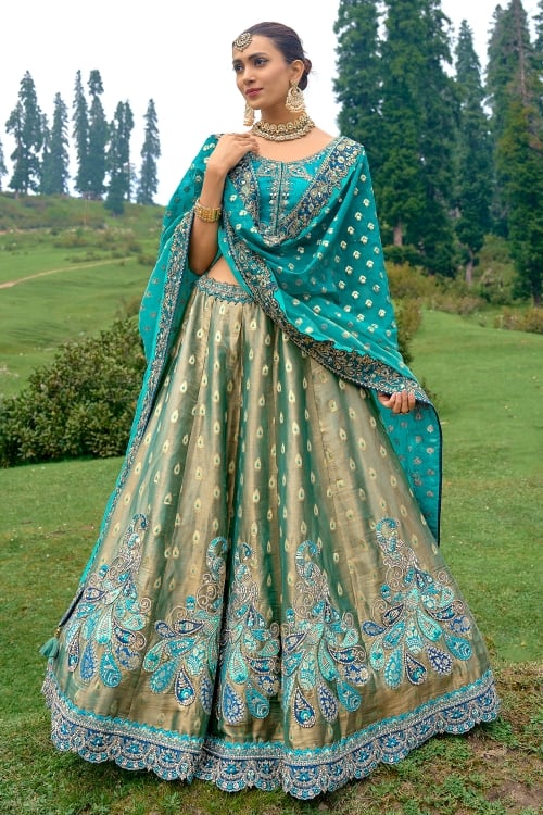 Golden and Blue Silk Lehenga with Embroidered Peacock Motifs Patch Work