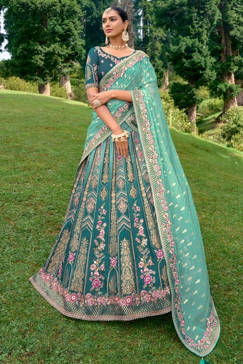 Aqua Green Ombre Silk Weave Traditional Lehenga with Floral Embroidery and Birds Motifs