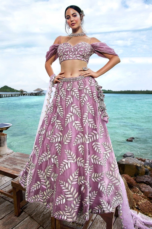 Mauve Organza Sequinned Lehenga with Cold Shoulder Blouse