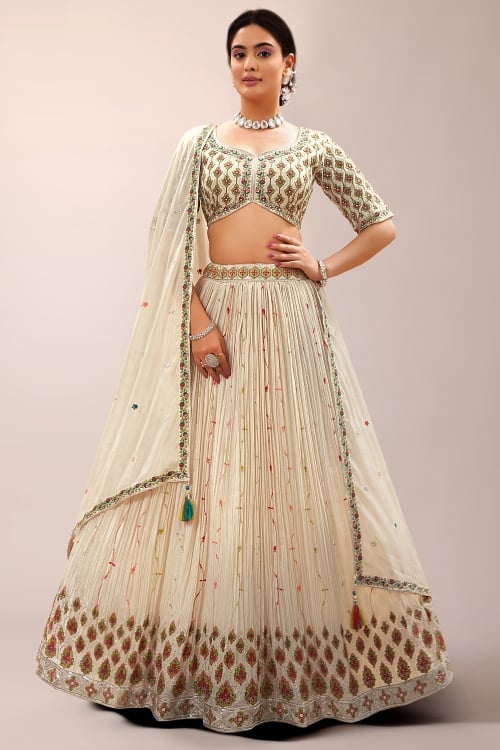 Cream Flared Lehenga in Chinon with Embroidery and Sequins Work