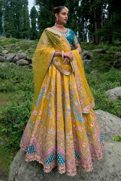 Yellow Heavy Work Lehenga in Viscose with Peacock and Floral Motifs