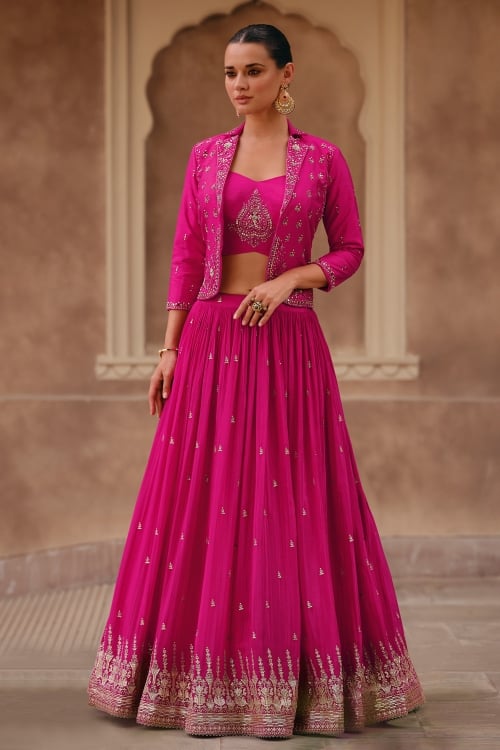 Pink Chinon Silk Sequinned Crop Top Lehenga with Jacket