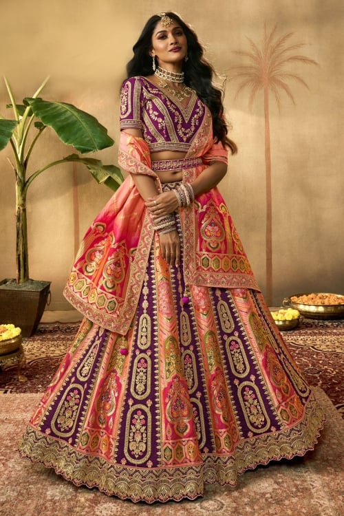 Purple and Peach Silk Designer Lehenga with Weaving and Embroidery
