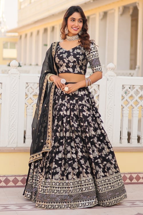 Viscose Jacquard Floral Woven Jaal Flared Lehenga with Sequins Work