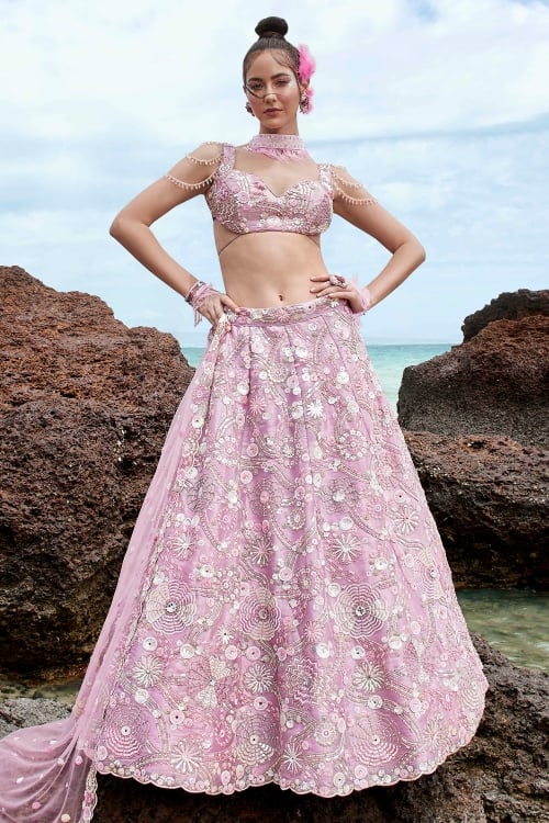 Light Purple Organza Embroidered Lehenga with Sequins Work