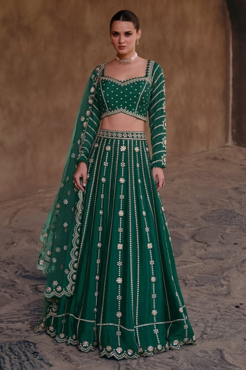 Bottle Green Sequin Embroidered Lehenga in Chinon Silk