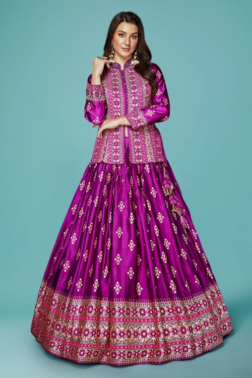 Purple Silk Embroidered Lehenga with Long Blouse