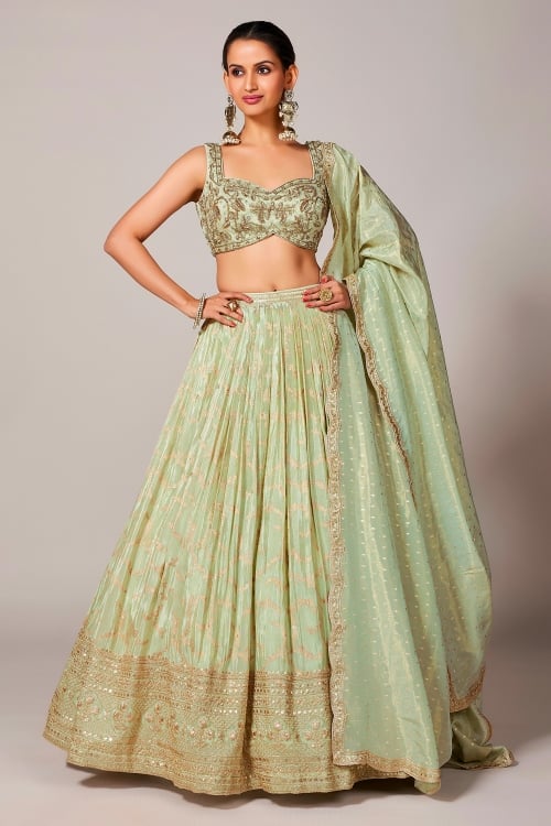 Pista Green Chinon Weave Pleated Lehenga with Sequin Embroidery Border