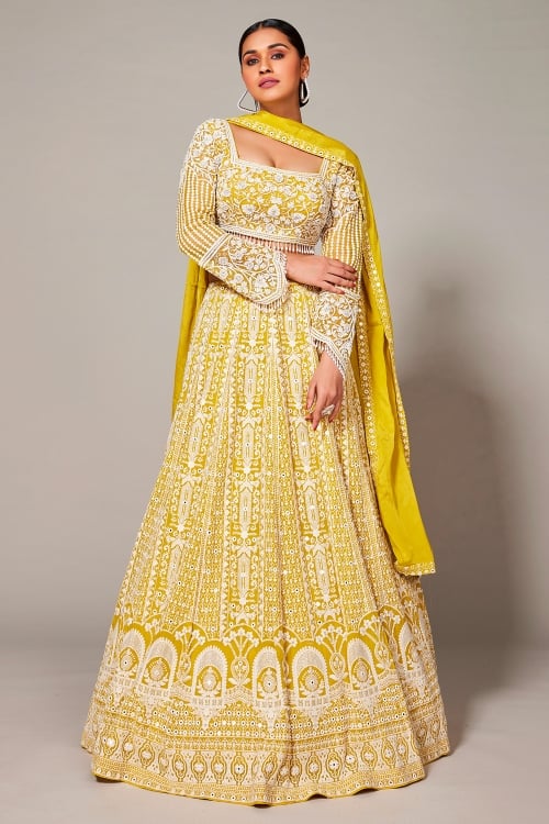 Yellow Georgette Designer Thread Embroidered and Mirror Worked Lehenga