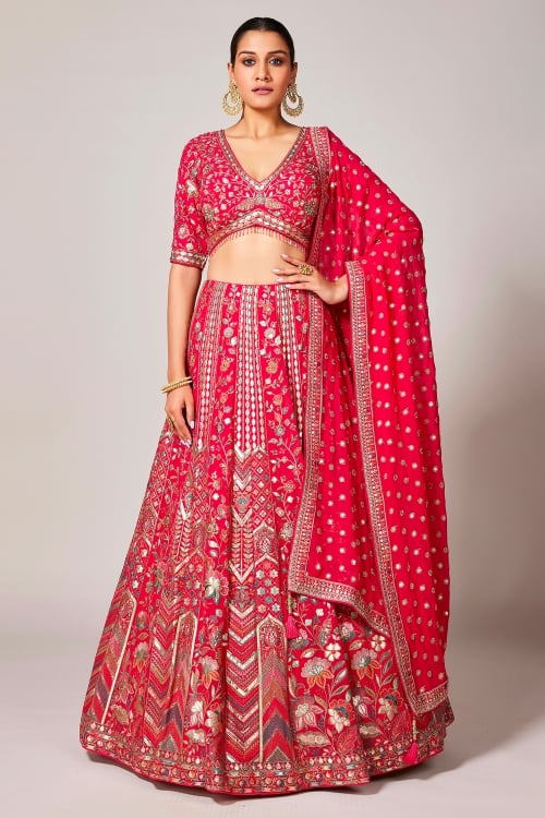 Pink Georgette Floral Embroidered and Sequin Worked Lehenga
