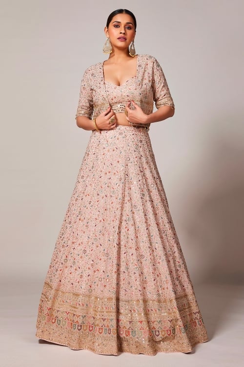 Light Pink Georgette Embroidered Crop Top and Lehenga with Jacket