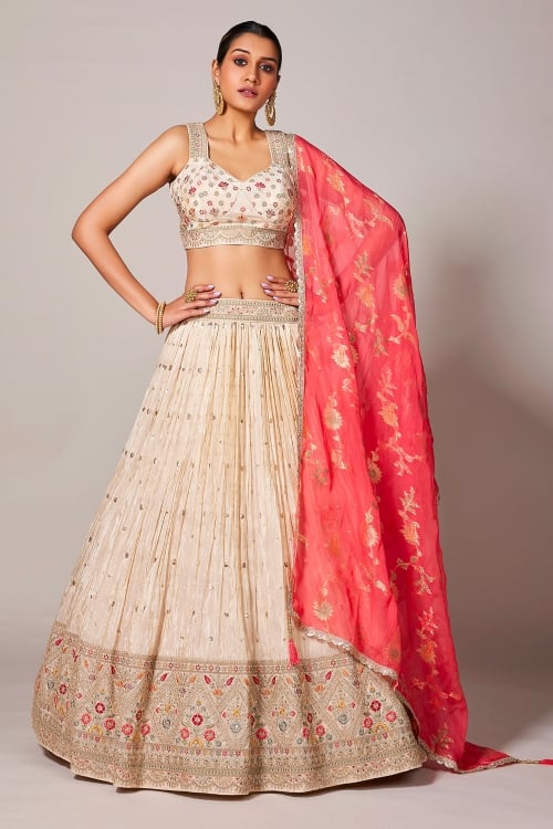 Cream Chinon Sequinned Pleated Lehenga with Embroidered Border