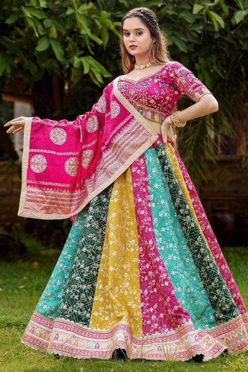 Multi Colored Printed Satin Lehenga with Sequin Embroidery