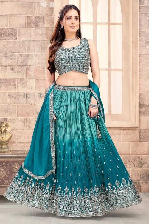 Turquoise Blue Ombre Pleated Embroidered Sequin Lehenga