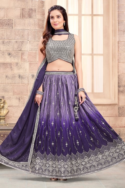 Lavender Purple Ombre Georgette Chinon Pleated Lehenga with Sequin Embroidery