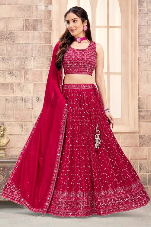 Pink Georgette Sequin Embroidered Flared Lehenga