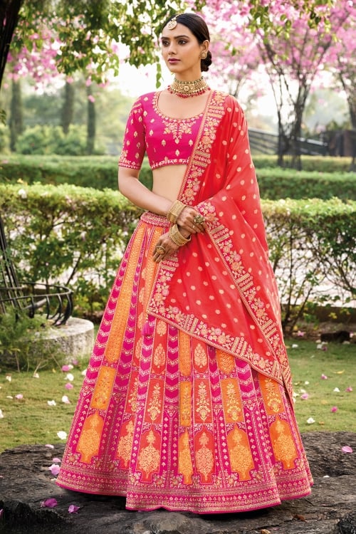 Coral Pink and Orange Banarasi Silk Lehenga with Weave and Sequinned Embroidery