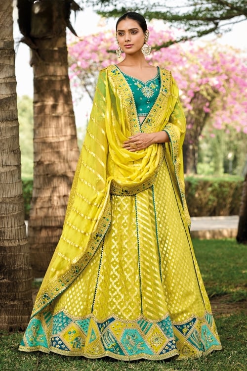 Lime Yellow Crepe Georgette Weave Traditional Lehenga with Embroidery Border